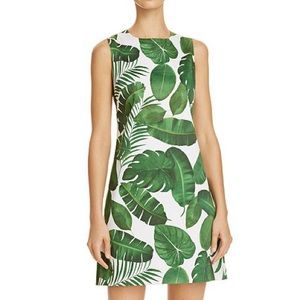 Alice + Olivia White Mini Dress with Green Tropical Leaf Print Shift